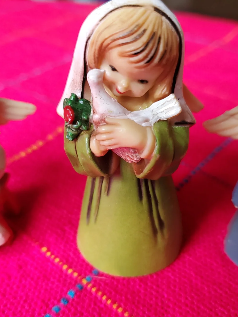 Set of 4 Hand-Painted Angel Figurines - Red, Green, Blue, Pink 1960s